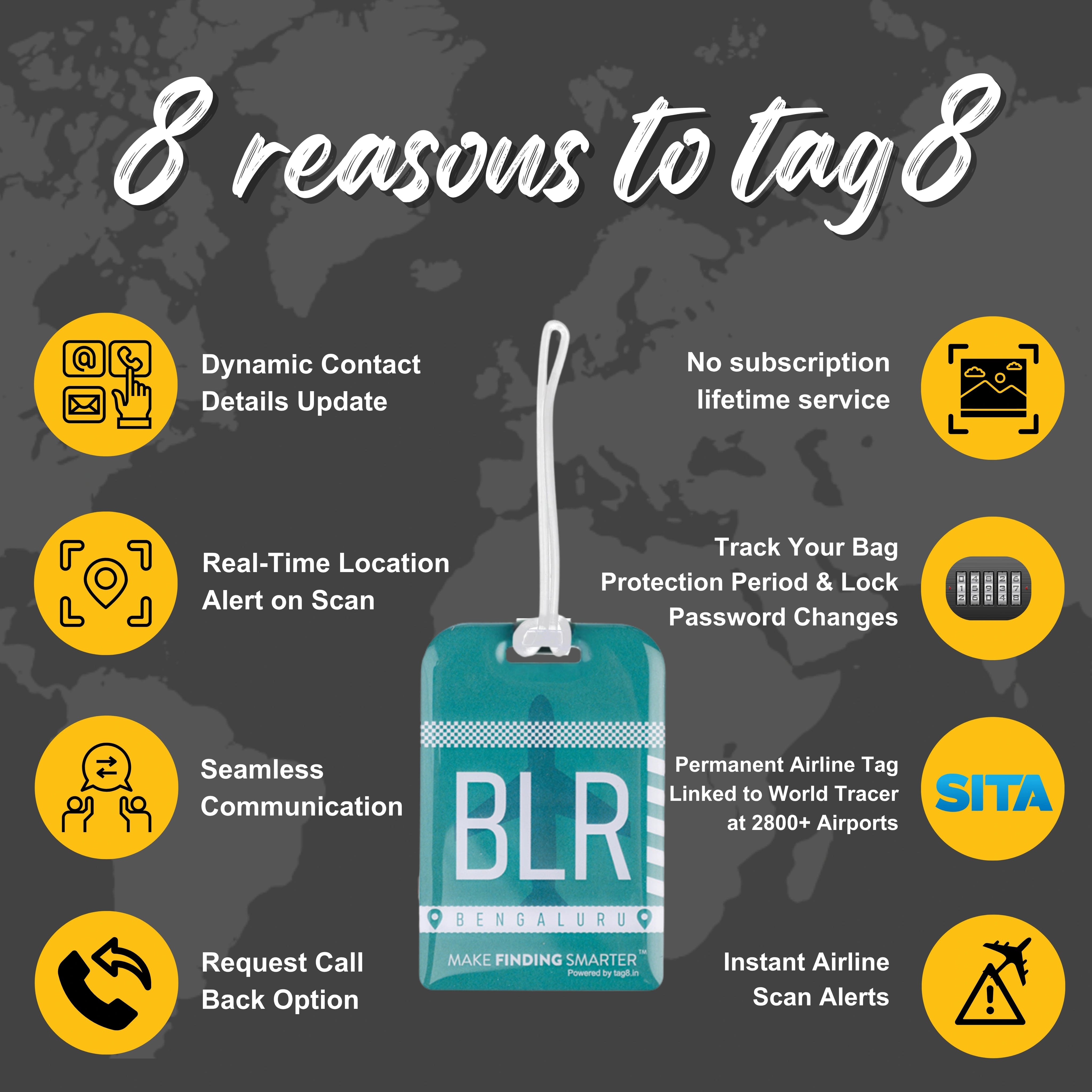 Bengaluru BLR city-themed smart bag security tag with QR code by tag8