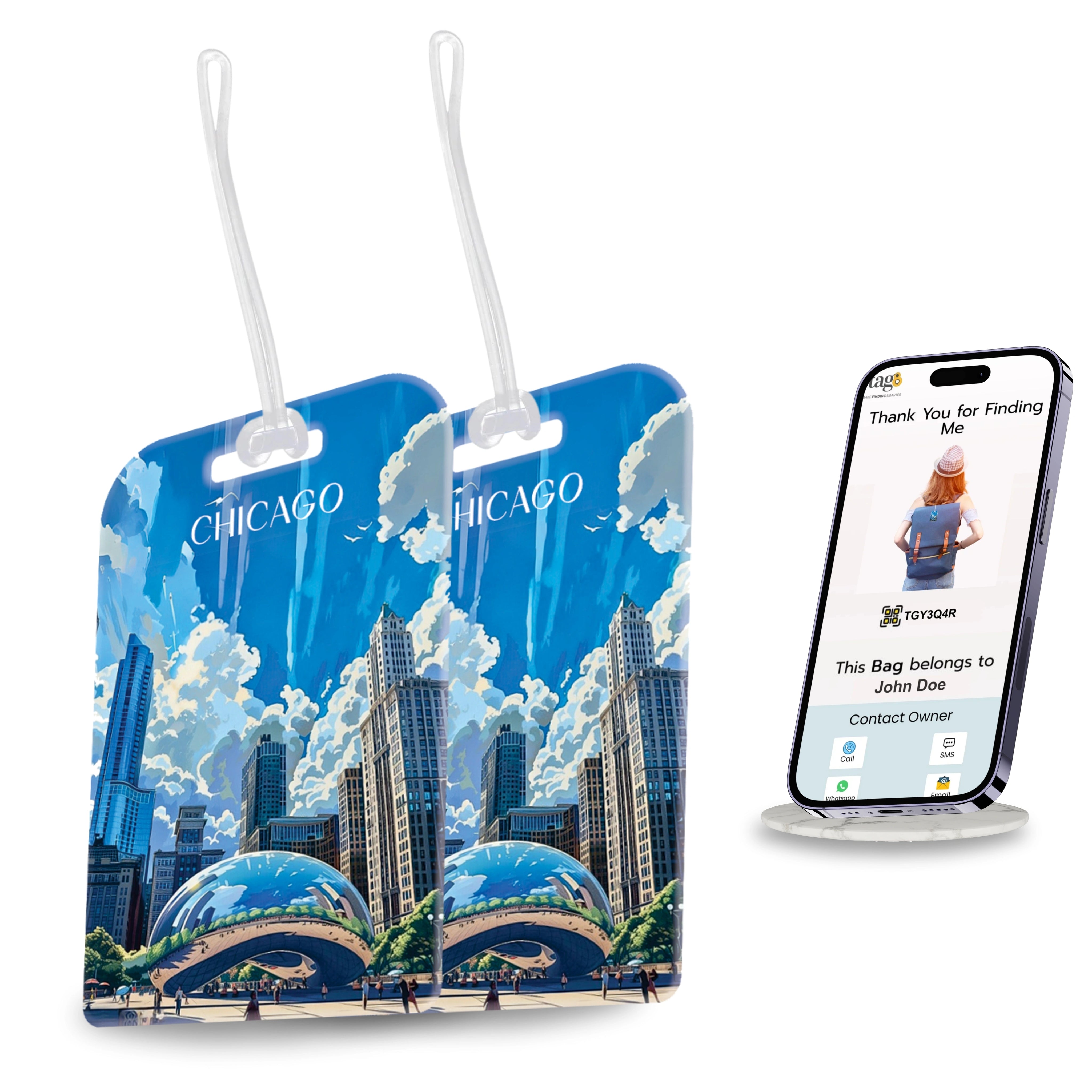 tag8 Chicago Bag Tag with stylish design and smart QR code for easy identification and lost & found recovery