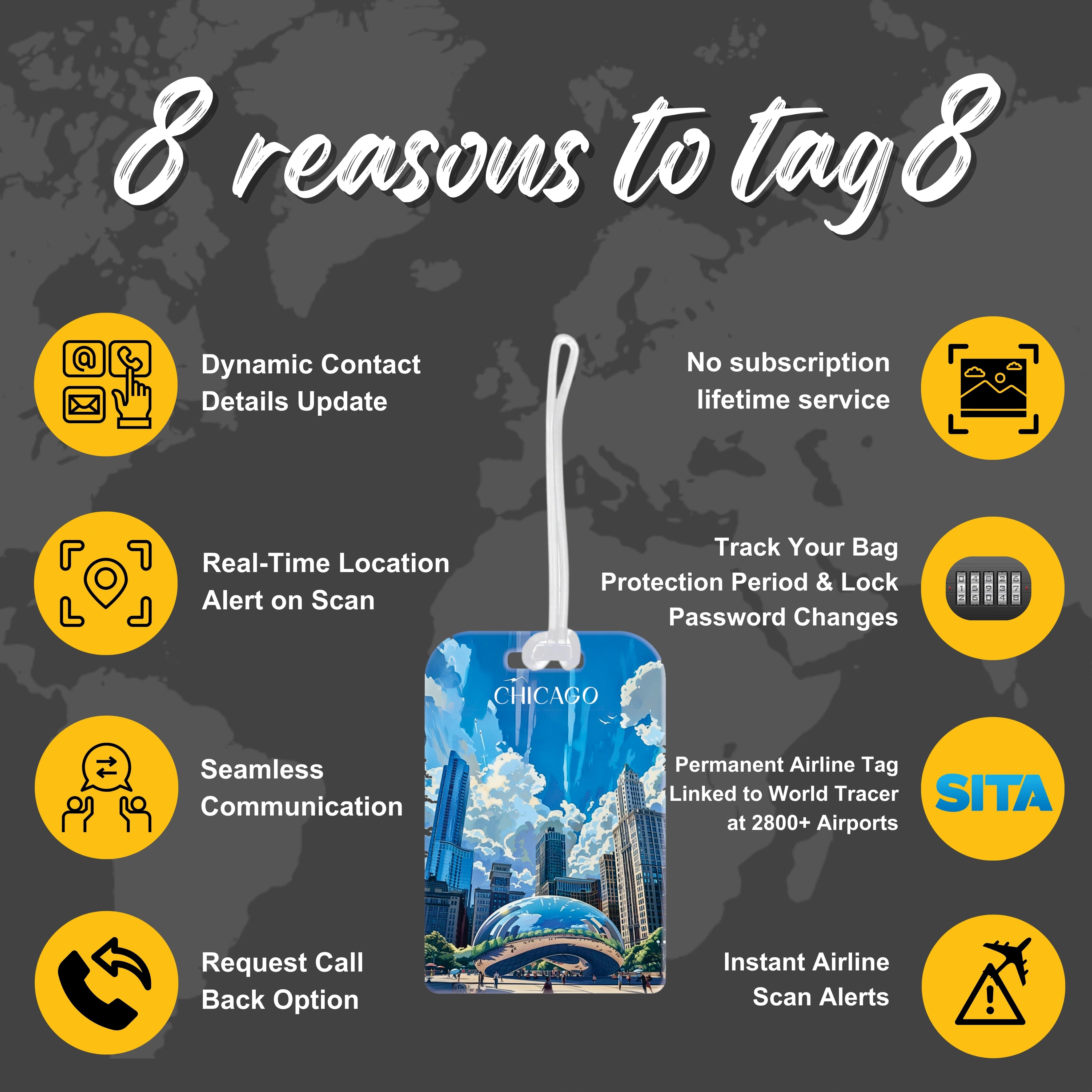 tag8 Chicago Bag Tag with stylish design and smart QR code for easy identification and lost & found recovery