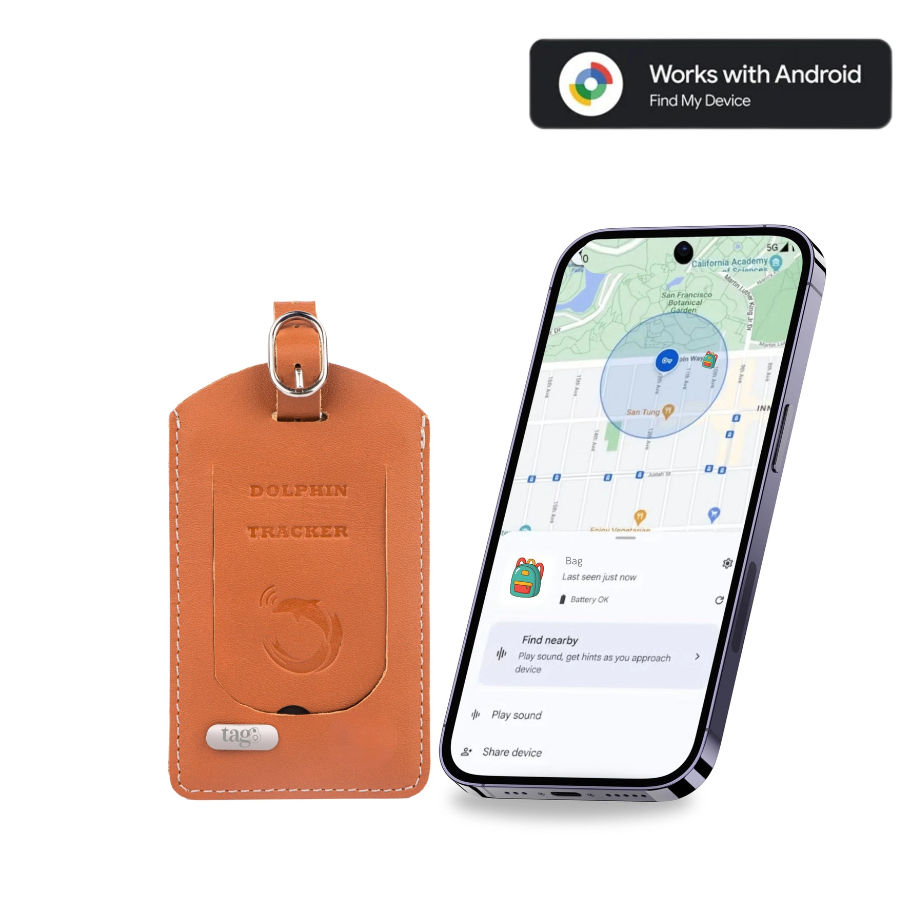 Dolphin Smart Bag Tracker for Android with Bluetooth tracking, separation alerts, and last-seen location by tag8