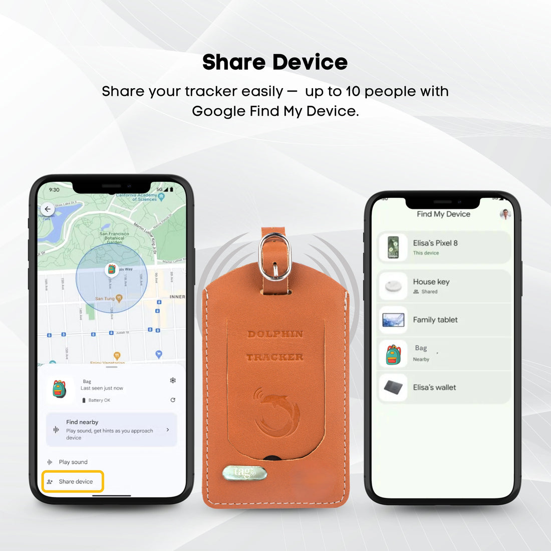 Dolphin Smart Bag Tracker for Android with Bluetooth tracking, separation alerts, and last-seen location by tag8