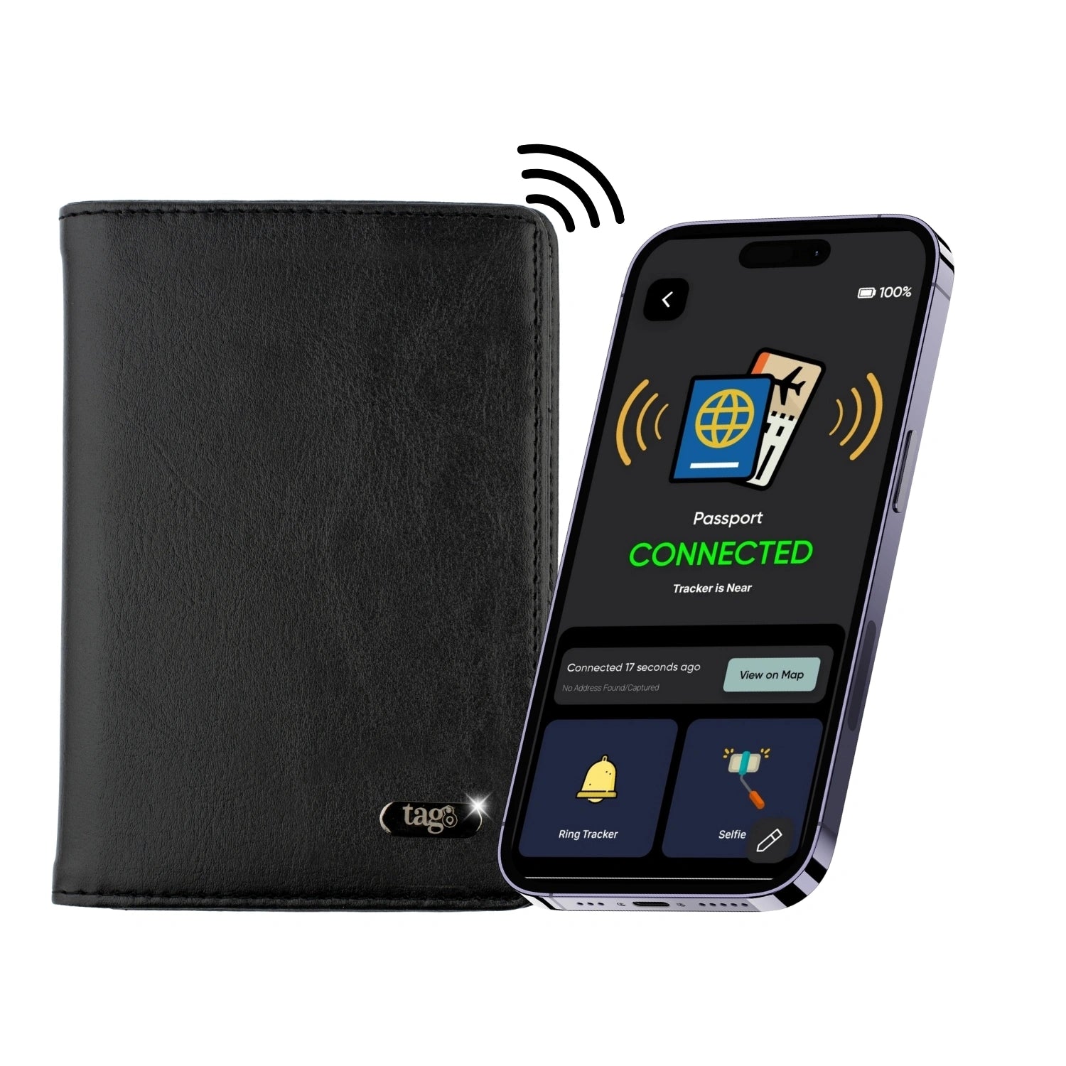 tag8 Dolphin Smart Leather Passport Tracker with premium leather case for secure and smart travel tracking