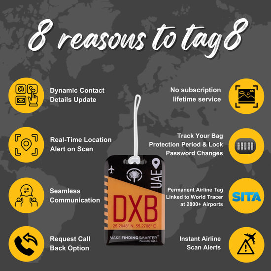 Dubai DXB city-themed smart bag tag with QR code by tag8