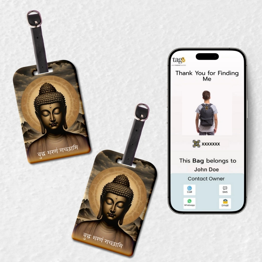 Gautam Buddha travel theme smart bag tag with QR code by tag8