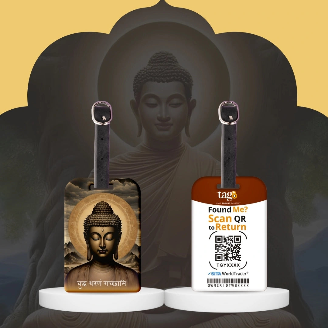 Gautam Buddha travel theme smart bag tag with QR code by tag8