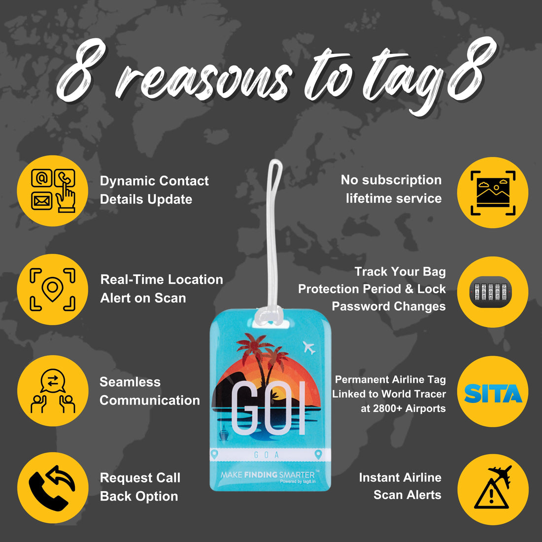 tag8 Goa Bag Tag with elegant design and smart QR code for hassle-free identification and lost & found assistance