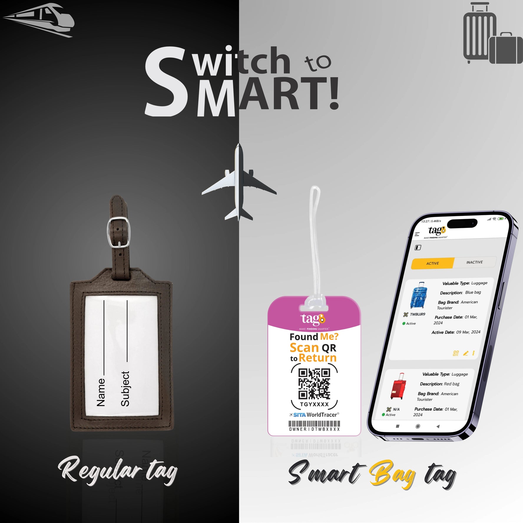 tag8 Las Vegas Bag Tag featuring a bold design with smart QR code for quick identification and secure lost & found support