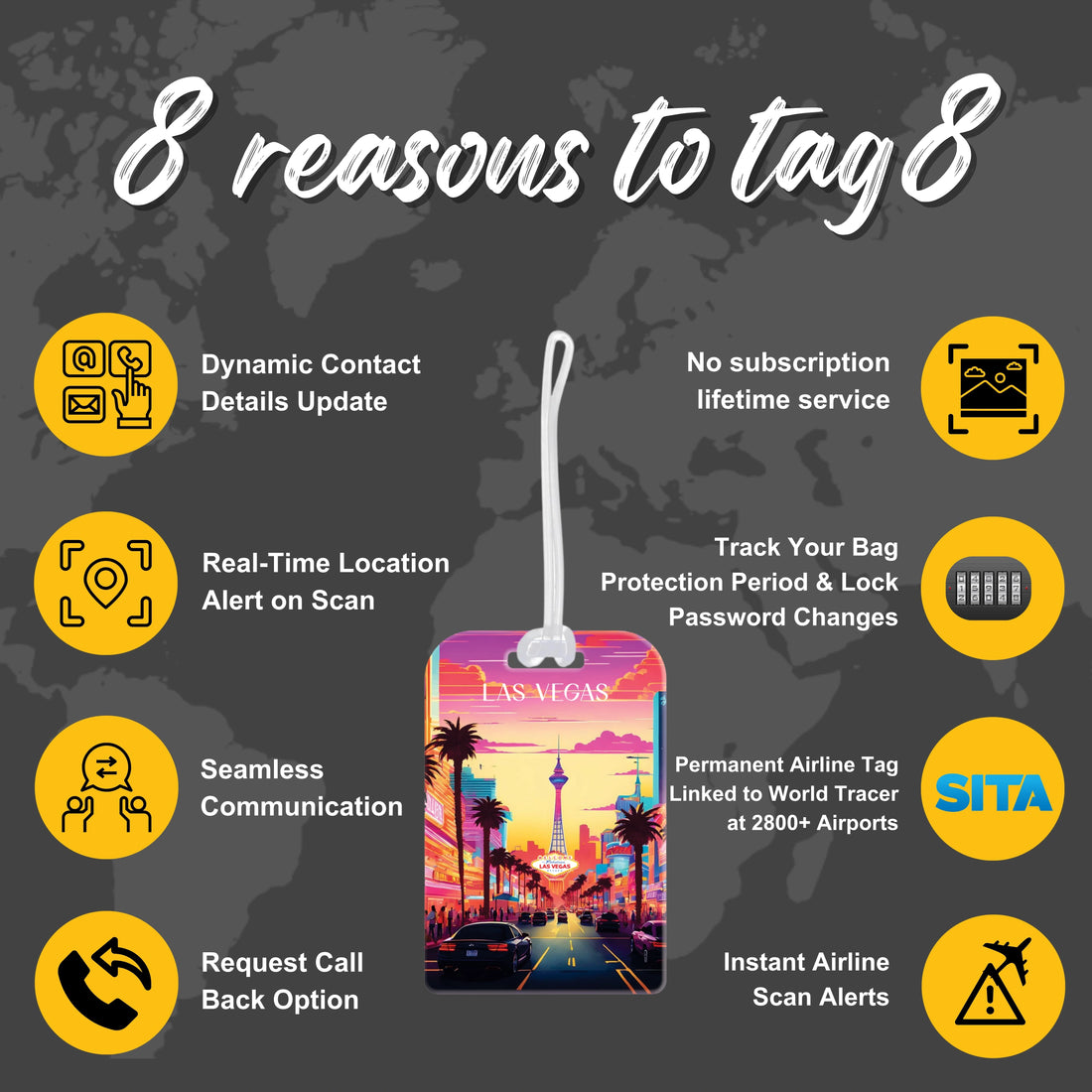 tag8 Las Vegas Bag Tag featuring a bold design with smart QR code for quick identification and secure lost & found support
