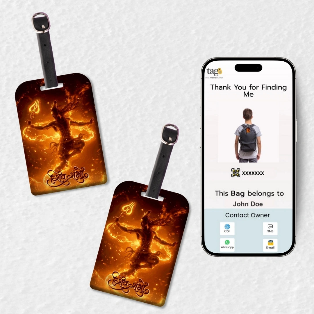 Lord Shiva orange travel theme smart bag tag with QR code by tag8
