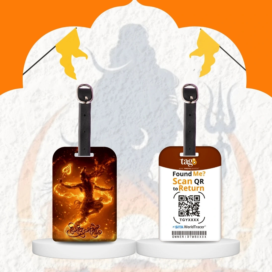 Lord Shiva orange travel theme smart bag tag with QR code by tag8