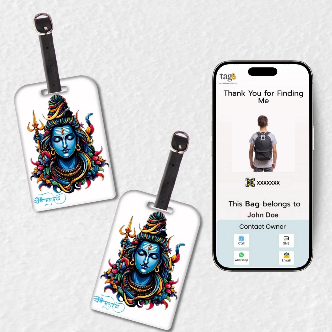 Lord Shiva white travel theme smart bag tag with QR code by tag8