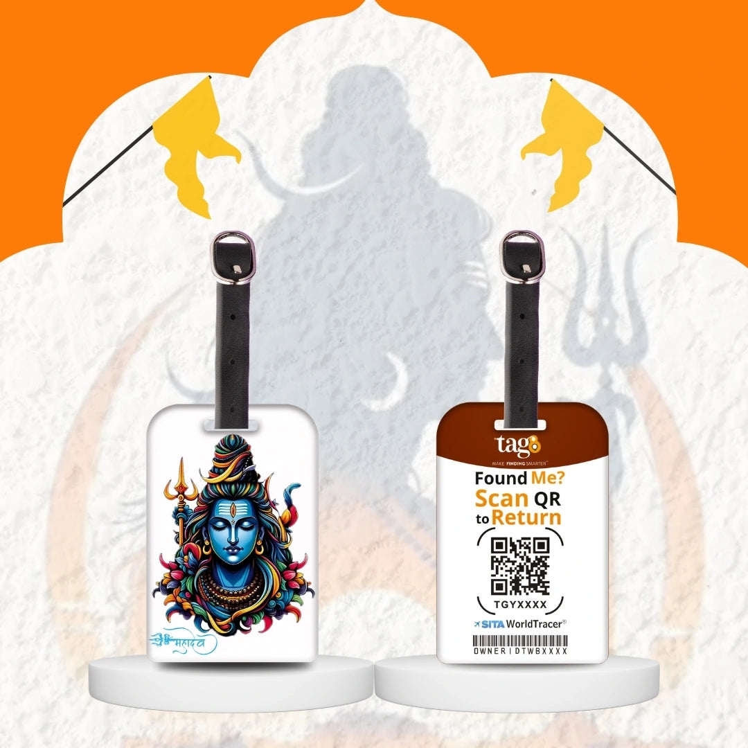 Lord Shiva white travel theme smart bag tag with QR code by tag8