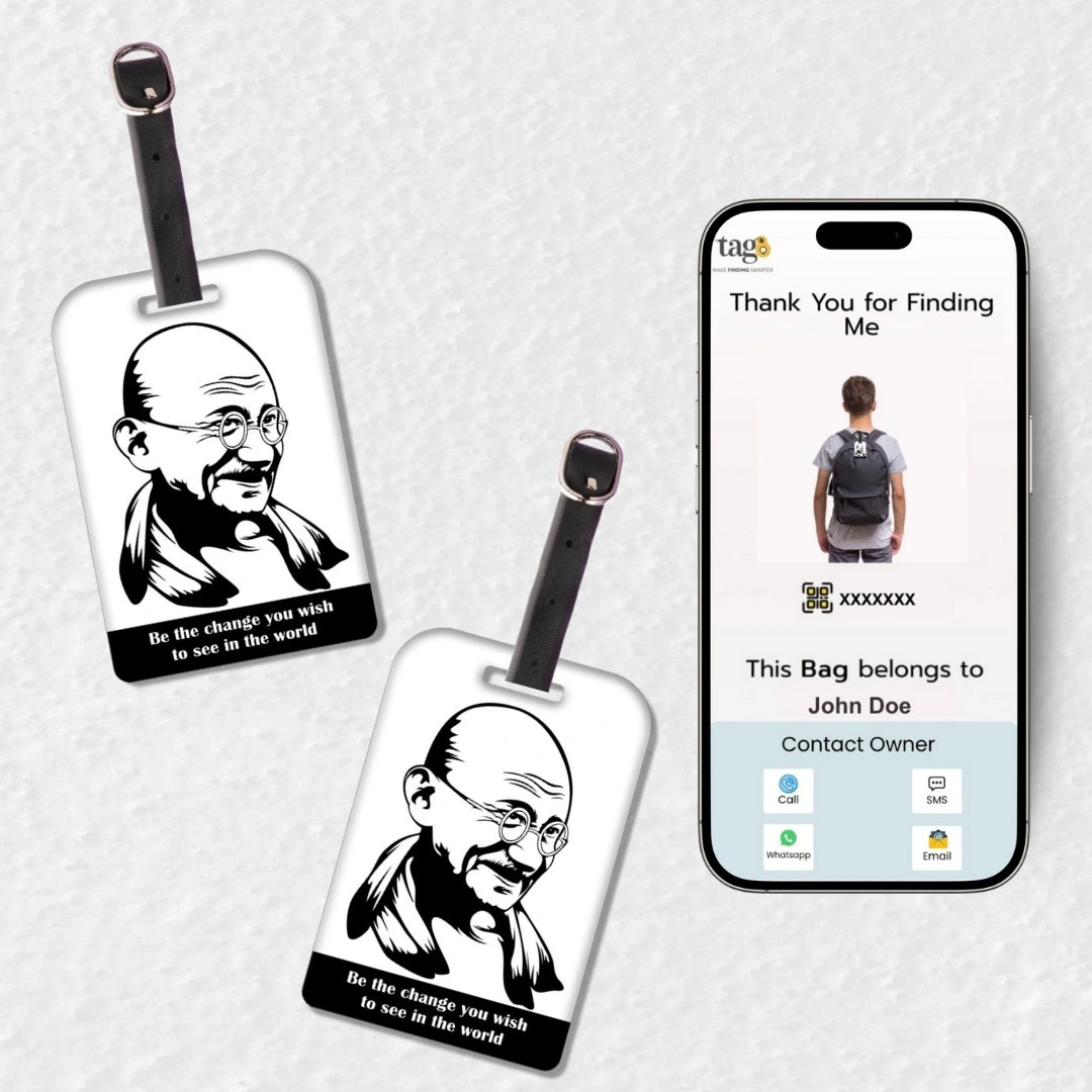 Mahatma Gandhi travel theme smart bag tag pack with QR code by tag8