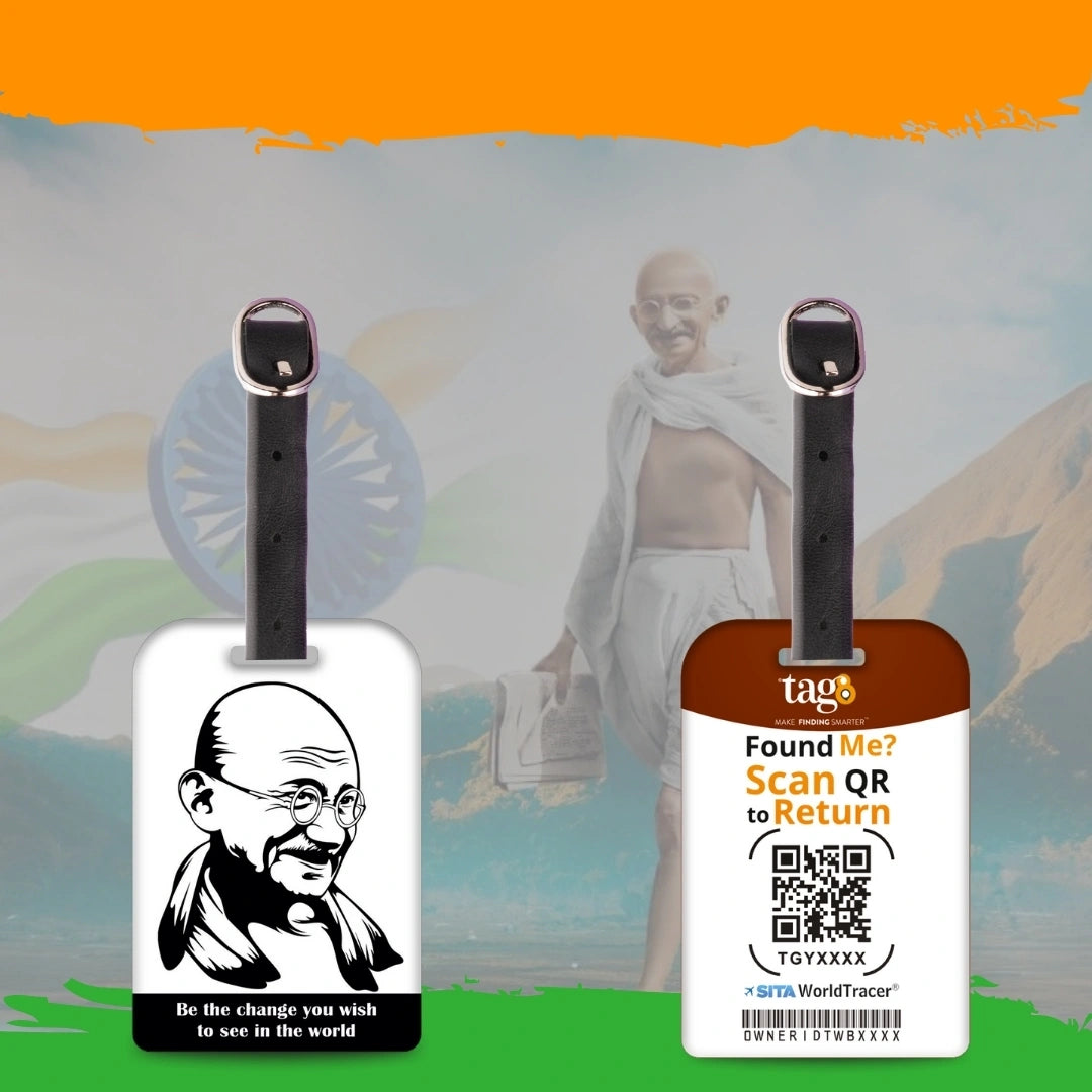 Mahatma Gandhi travel theme smart bag tag pack with QR code by tag8