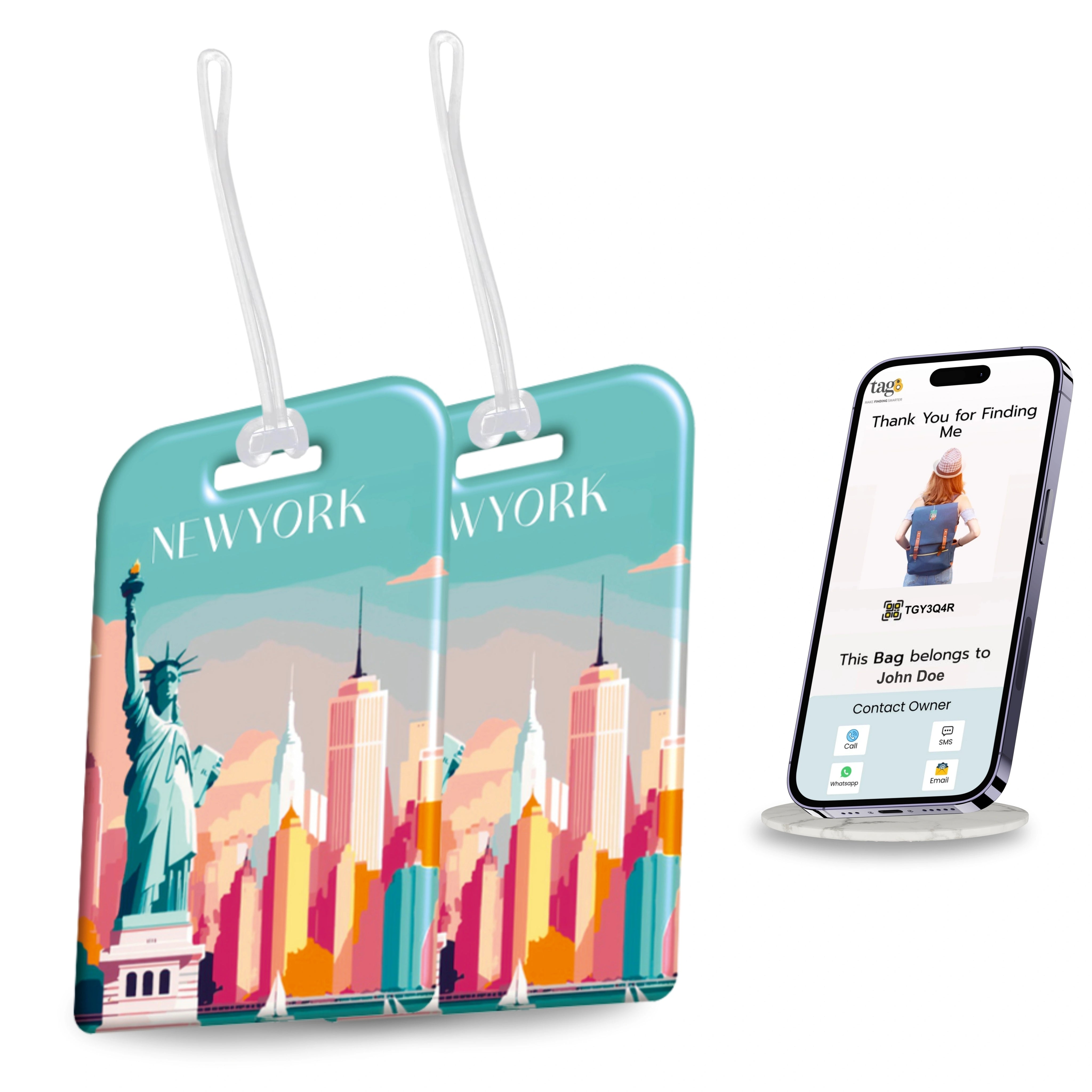 Newyork QR Bag Tag by tag8 with secure QR code