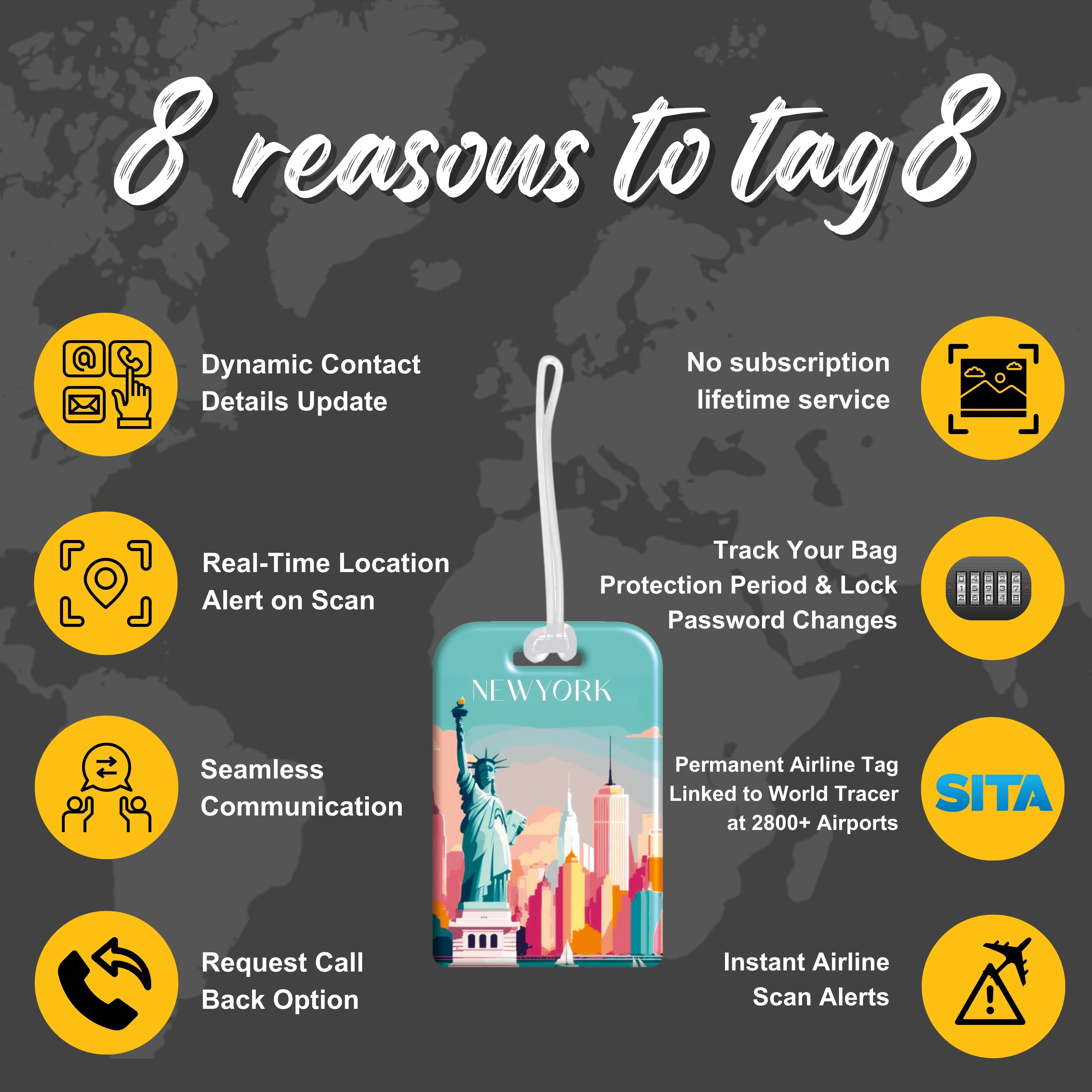 Newyork QR Bag Tag by tag8 with secure QR code