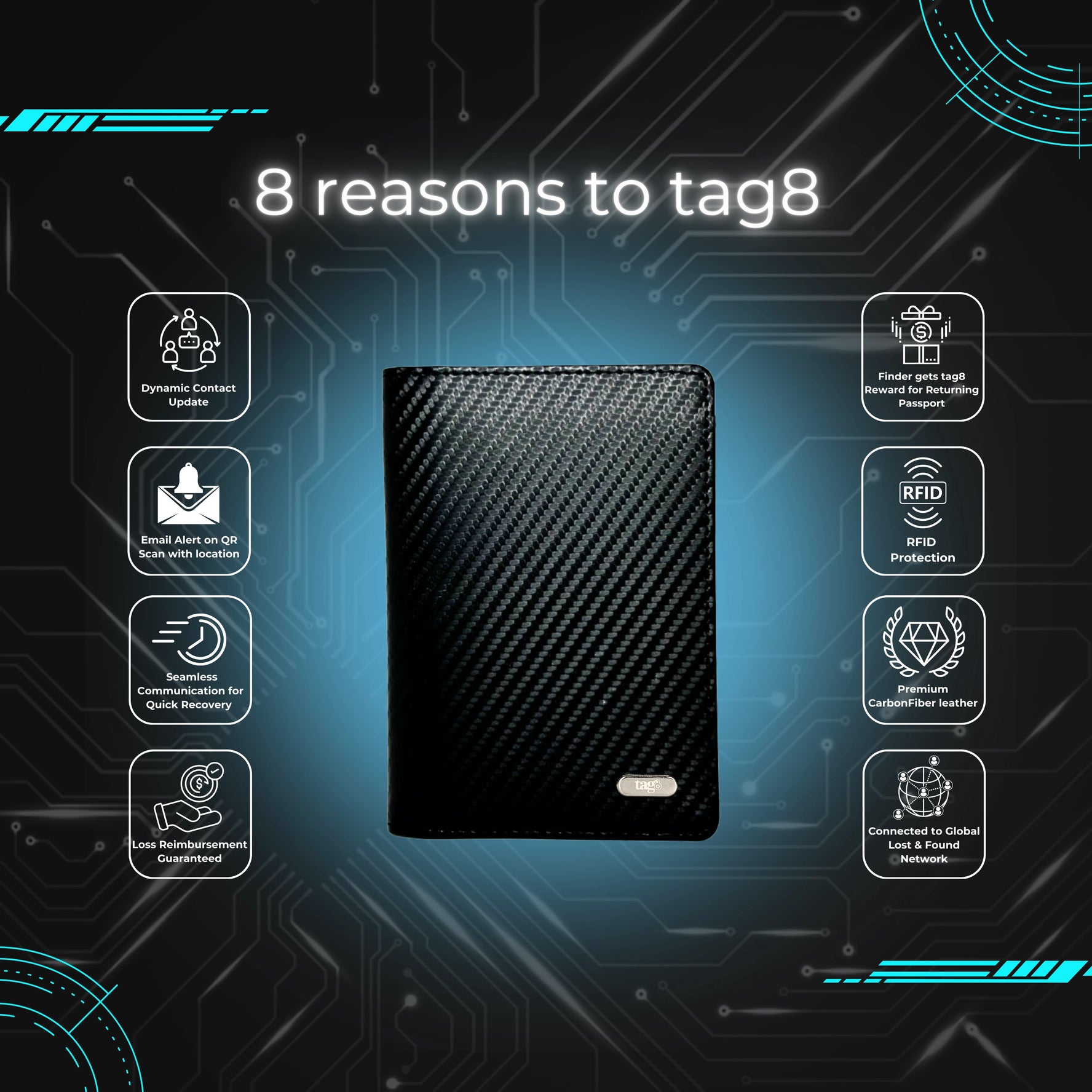 tag8 Passport Tracker with durable carbon fiber case for secure travel