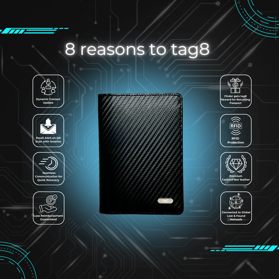 tag8 Passport Tracker with durable carbon fiber case for secure travel