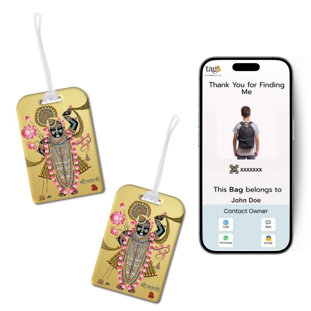 Shrinathji golden theme smart bag tag with QR code by tag8