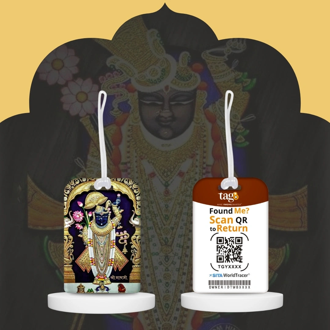 Shrinathji golden theme smart bag tag with QR code by tag8