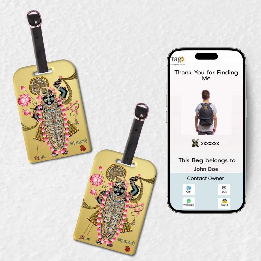 Shrinathji golden theme smart bag tag with QR code by tag8