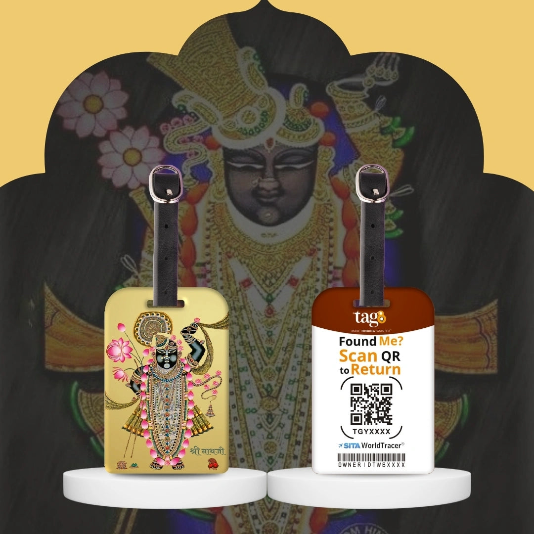 Shrinathji golden theme smart bag tag with QR code by tag8