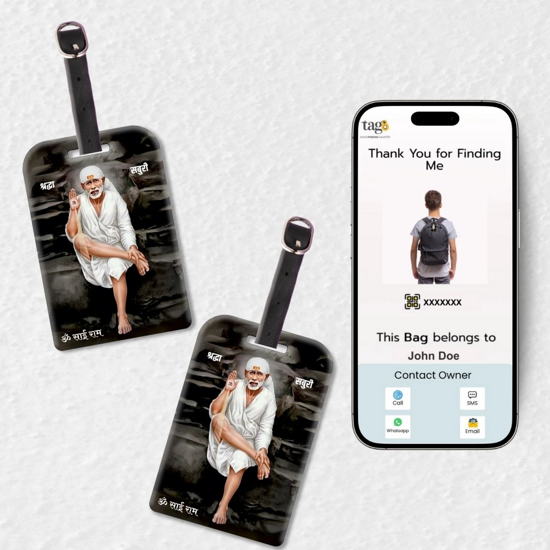tag8 Smart Bag Tag Pack of 2 with Sai Baba travel themes and QR code for secure identification and lost & found support