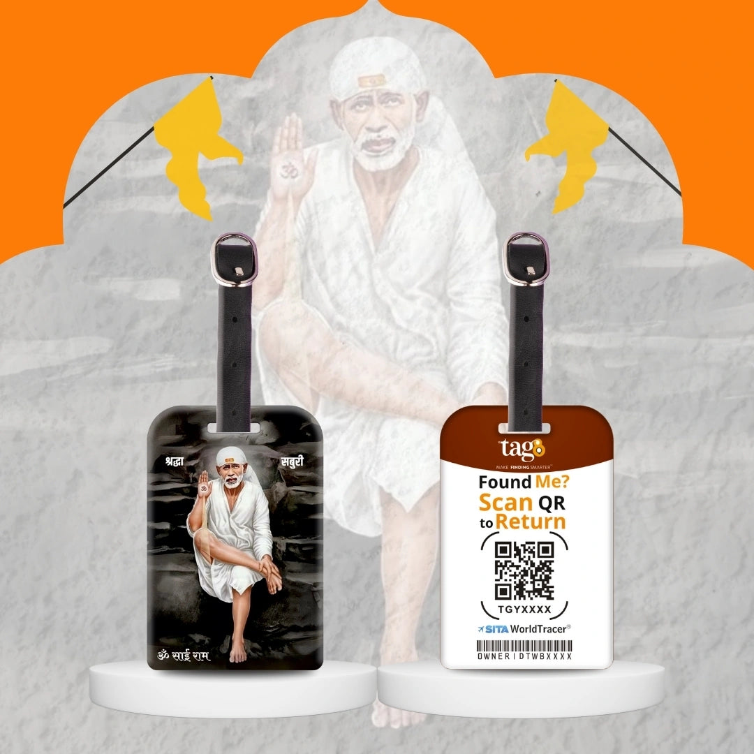 tag8 Smart Bag Tag Pack of 2 with Sai Baba travel themes and QR code for secure identification and lost & found support
