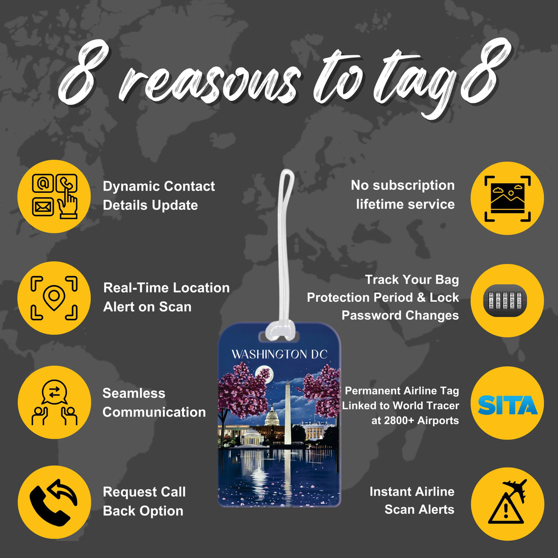 tag8 Washington DC Bag Tag with iconic design and smart QR code for hassle-free identification and lost & found support